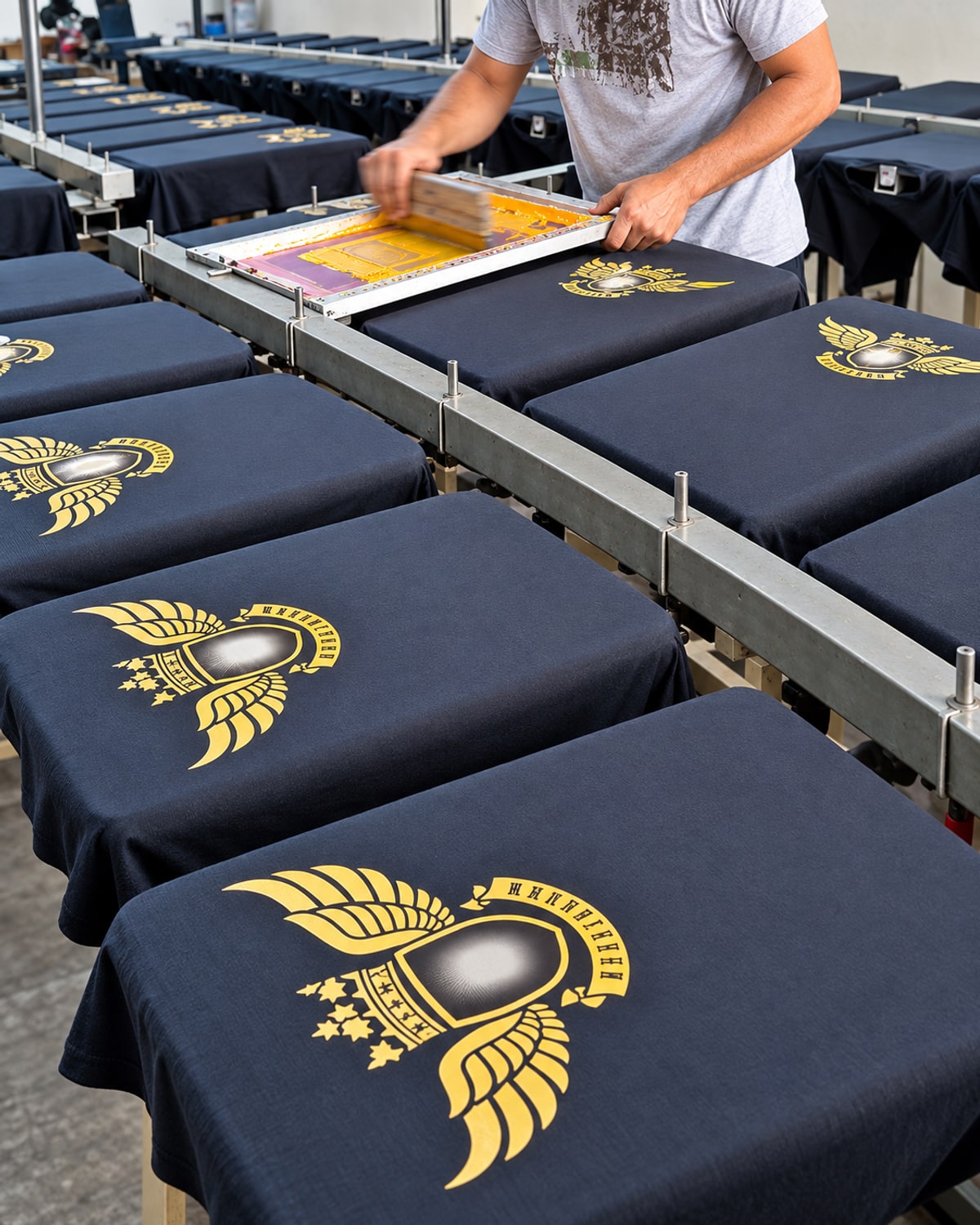 Profissional realizando serigrafia em camisetas escuras em uma mesa de produção